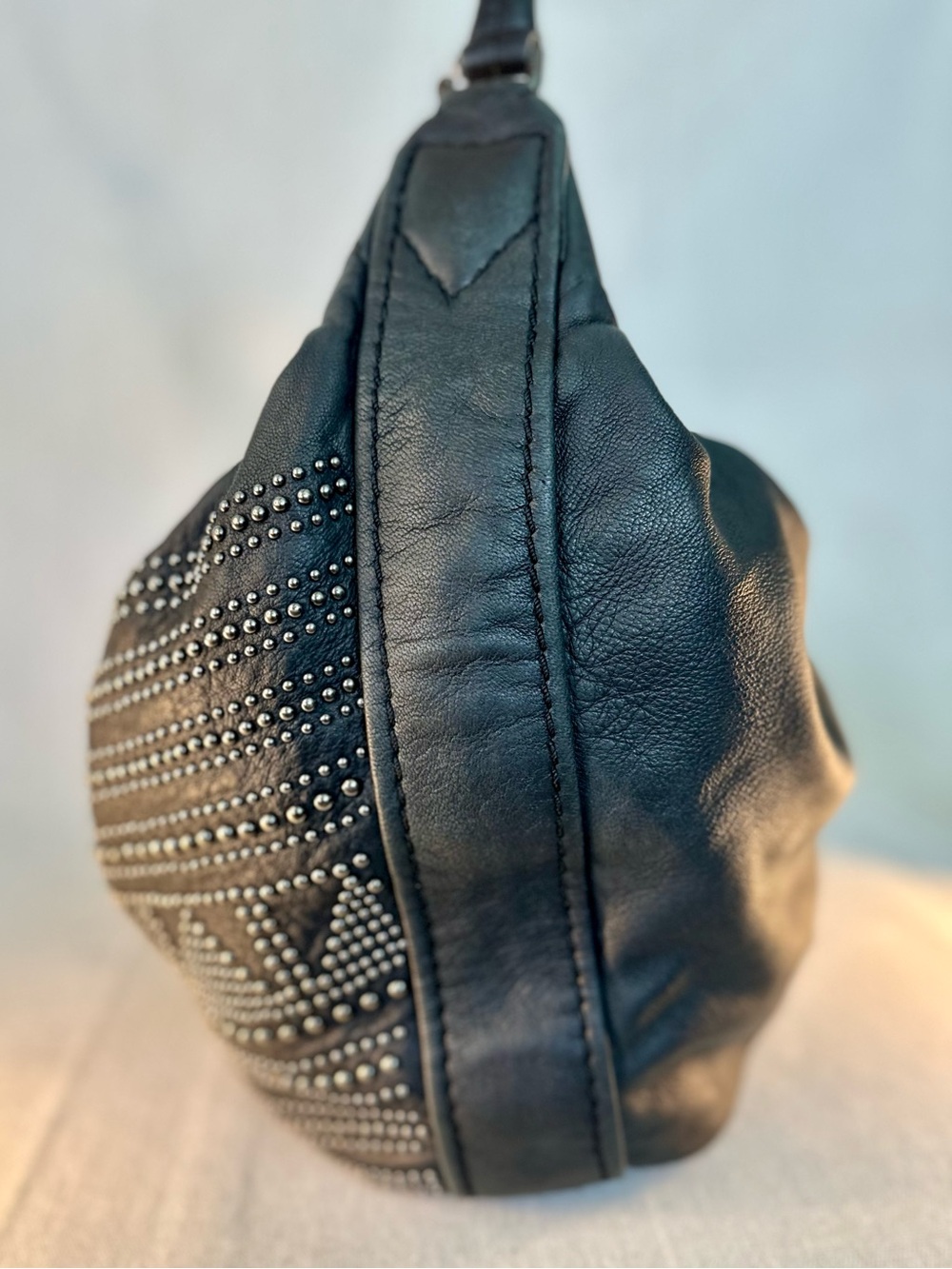 Liebeskind Berlin Black Leather Studded Hobo Bag Slouchy Shoulder Tote Moto - Picture 5 of 10